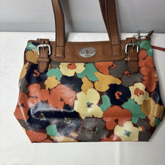 Fossil Key Per Coated Canvas Purse Tote Hand Bag Retro 70s Floral Brown Leather - Picture 5 of 12